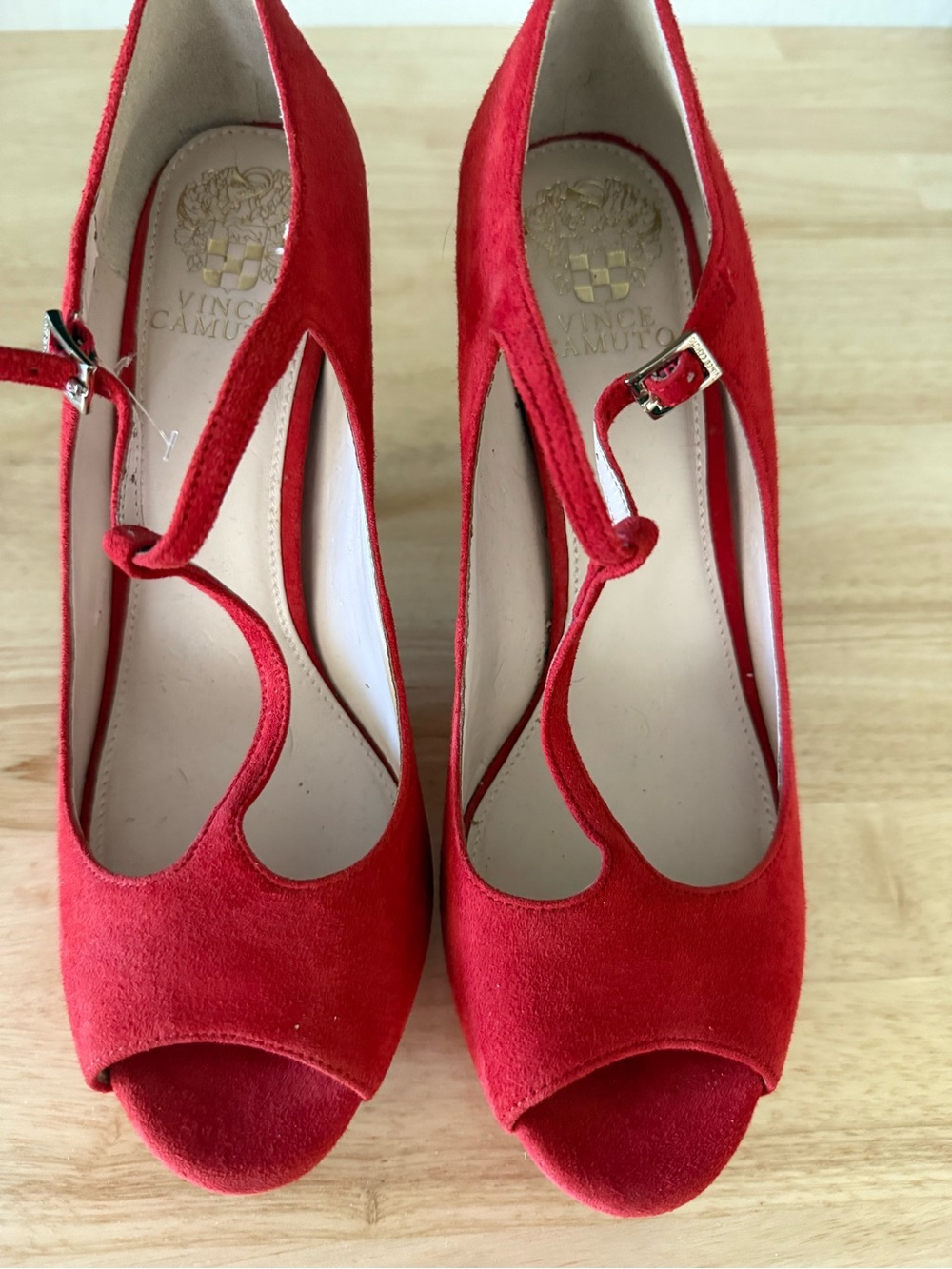Vince Camuto Red Suede Peep-Toe Mary Jane Pumps